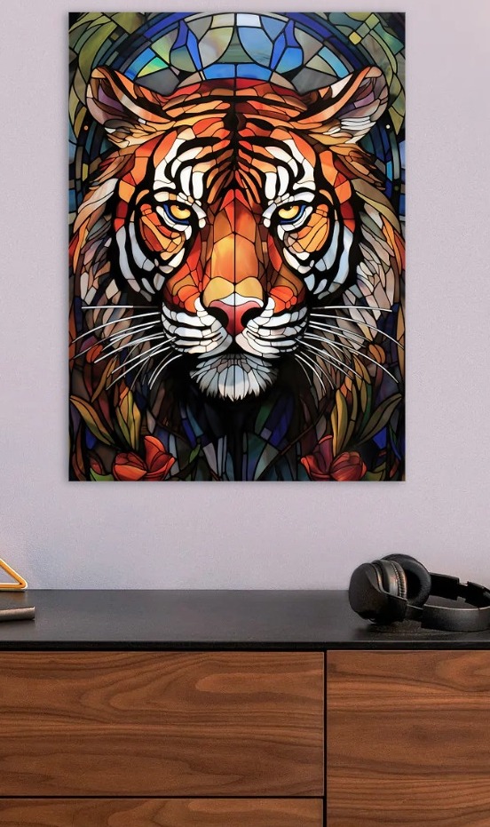 Stained Glass Tiger Portrait — metal poster wall art by Lineer
